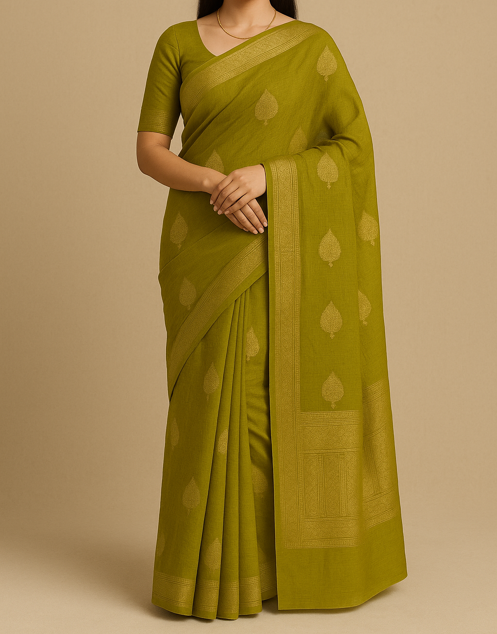 Green Saree With Golden Zari Work Saree