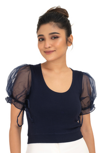 Round neck Blouses with Puffy Organza Sleeves - Royal Blue - Blouse featured