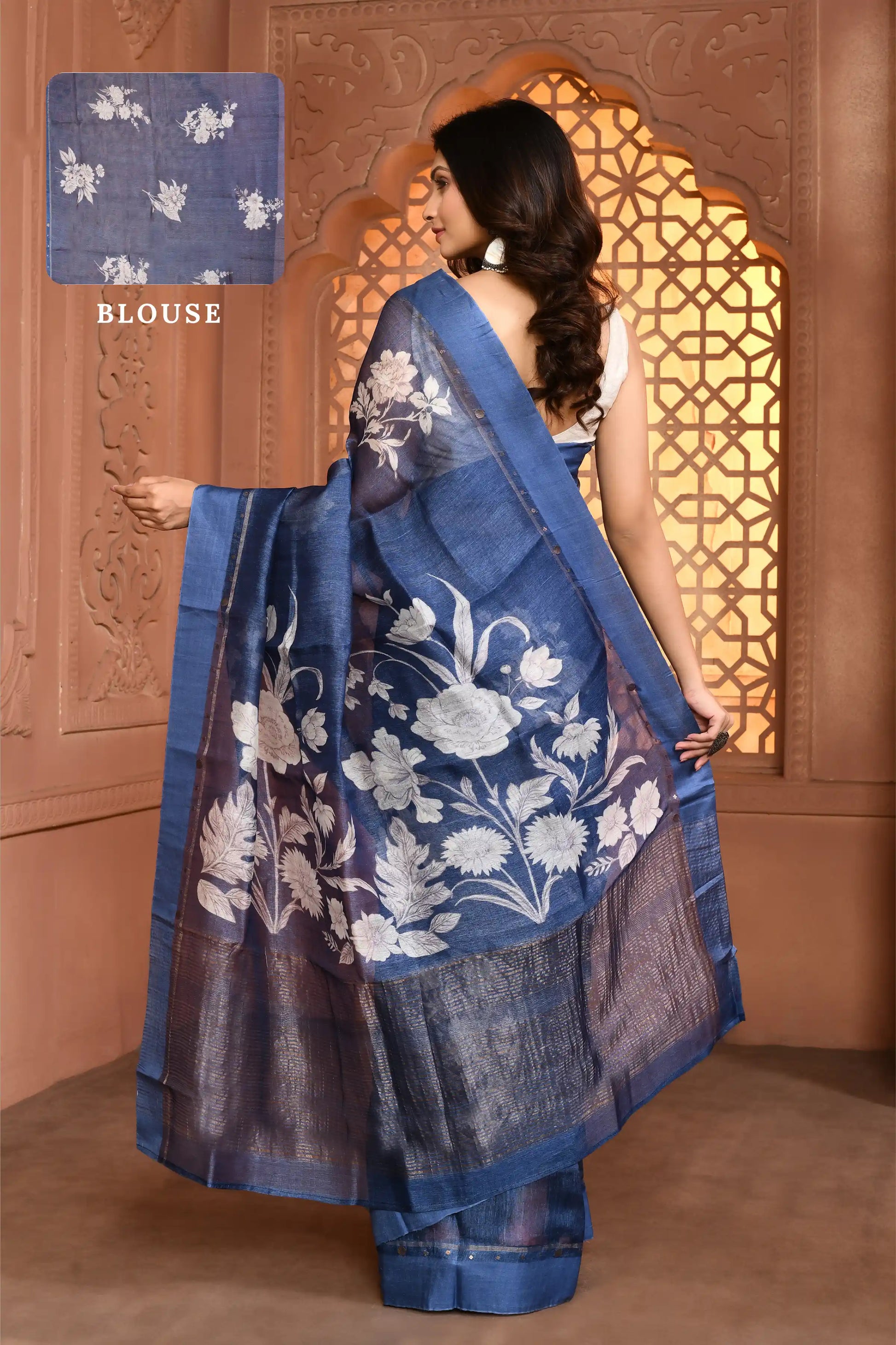 Megha Rose Radiance Tussar Silk Saree Blue Saree featured