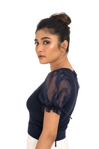 Round neck Blouses with Puffy Organza Sleeves- Plus Size - Royal Blue - Blouse featured