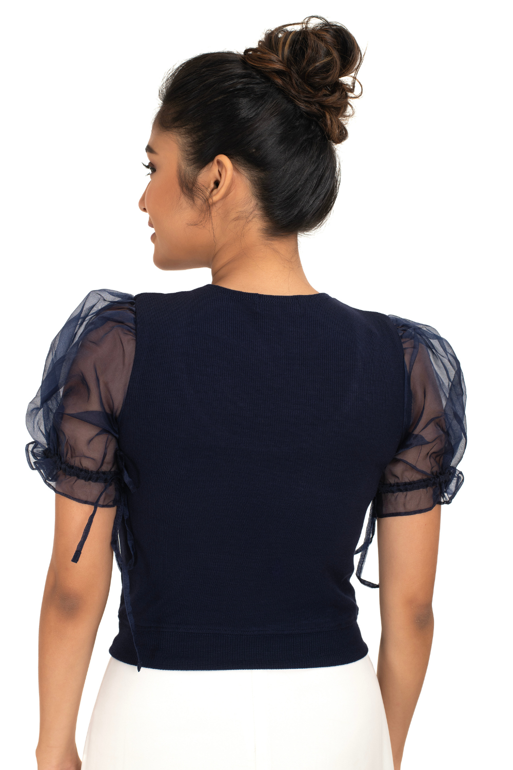 Round neck Blouses with Puffy Organza Sleeves - Royal Blue - Blouse featured