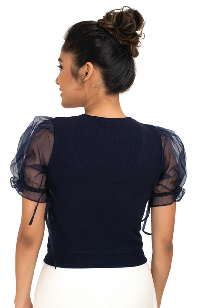Round neck Blouses with Puffy Organza Sleeves - Royal Blue - Blouse featured