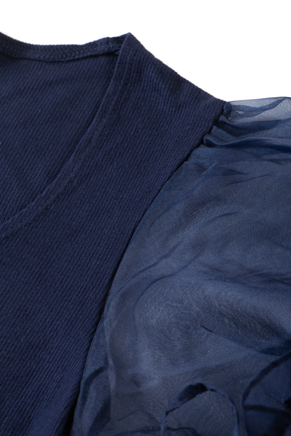 Round neck Blouses with Puffy Organza Sleeves - Royal Blue - Blouse featured