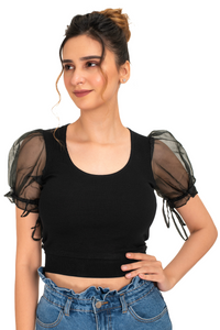Round neck Blouses with Puffy Organza Sleeves - Black - Blouse featured