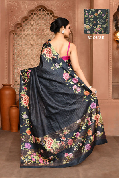 Avni: Zari Check Floral Silk Saree Charcoal Grey featured