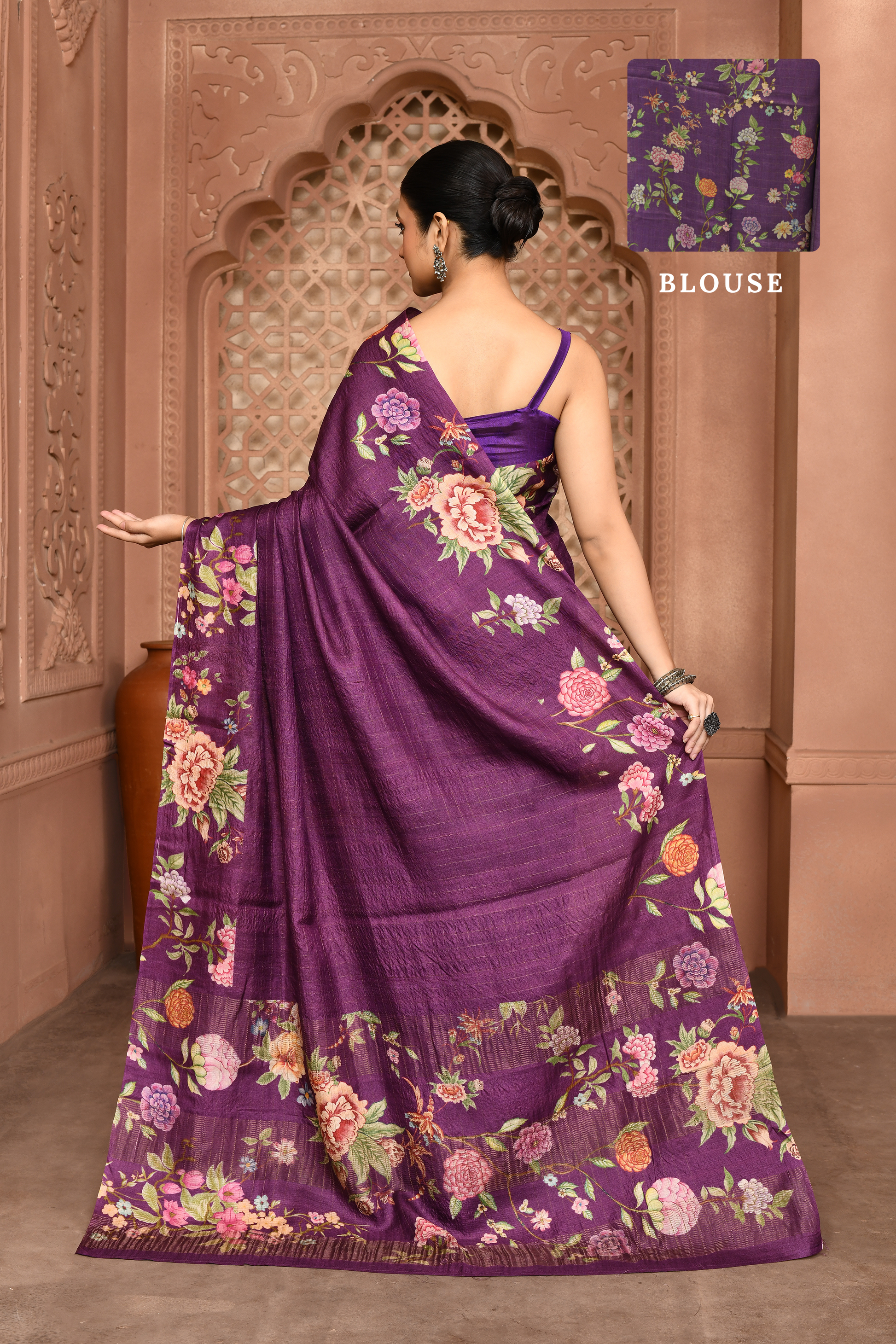 Avni: Zari Check Floral Silk Saree Eggplant featured