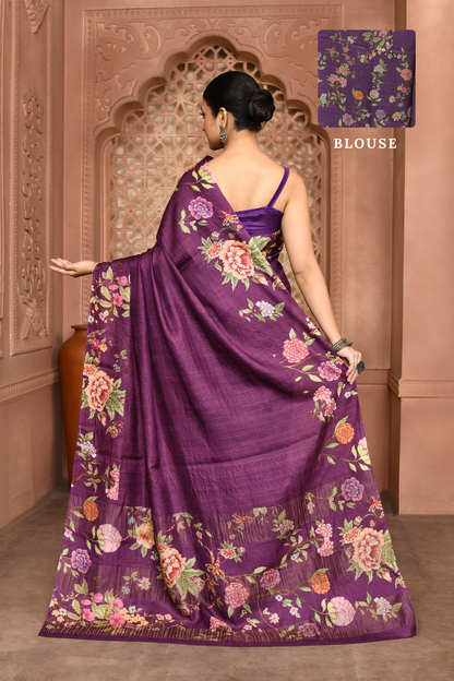 Avni: Zari Check Floral Silk Saree Eggplant featured
