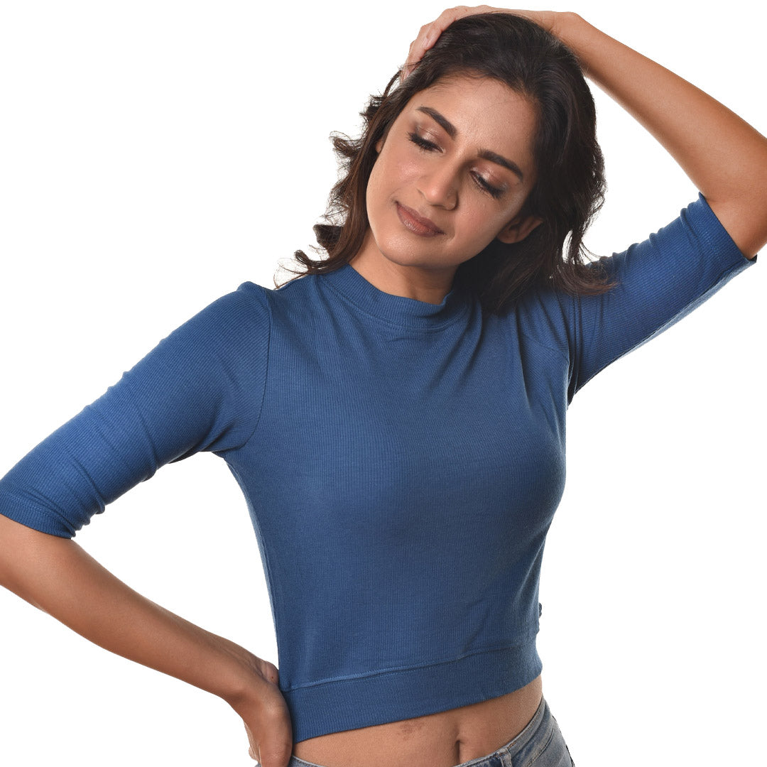 Hosiery Blouses - Elbow Sleeves - Azure Blue - Blouse featured