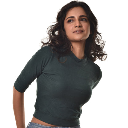 Hosiery Blouses - Elbow Sleeves - Plus Size Green Blouse