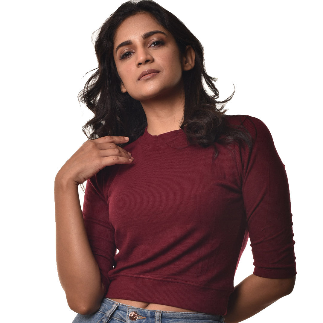 Hosiery Blouse by dolly jain- Elbow Sleeves - Maroon - Blouse featured