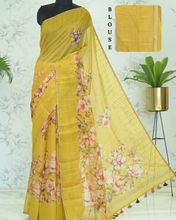 Load image into Gallery viewer, Kusum Floral Muslin Silk Saree mustard yellow featured