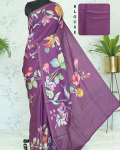 Samantha Blossom Tussar Silk Saree Eggplant Saree featured
