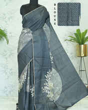 Load image into Gallery viewer, Poonam Shibori Bloom Tussar Saree Gray featured