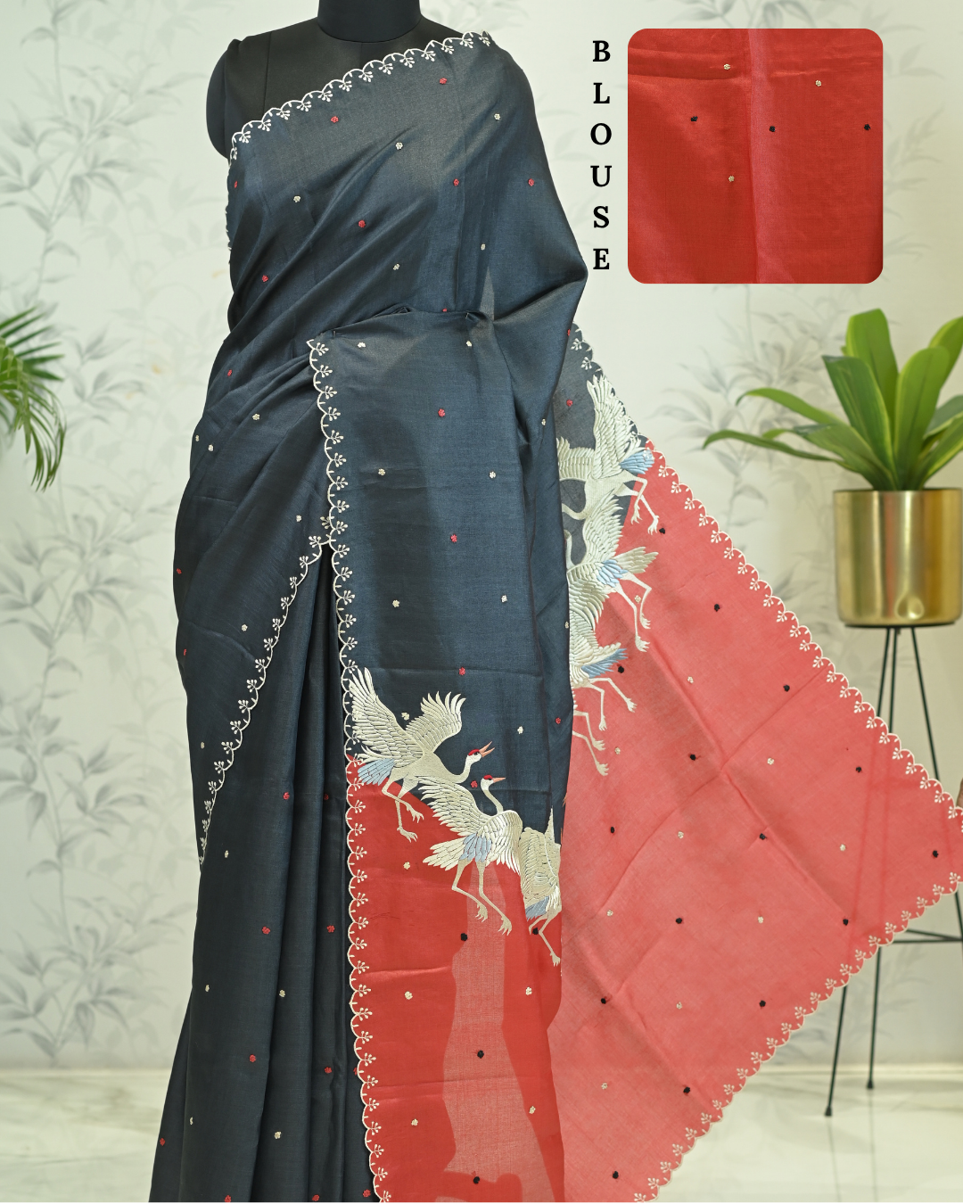 Vanya Flamingo Grace Tussar Silk Saree Gray & Red Saree featured