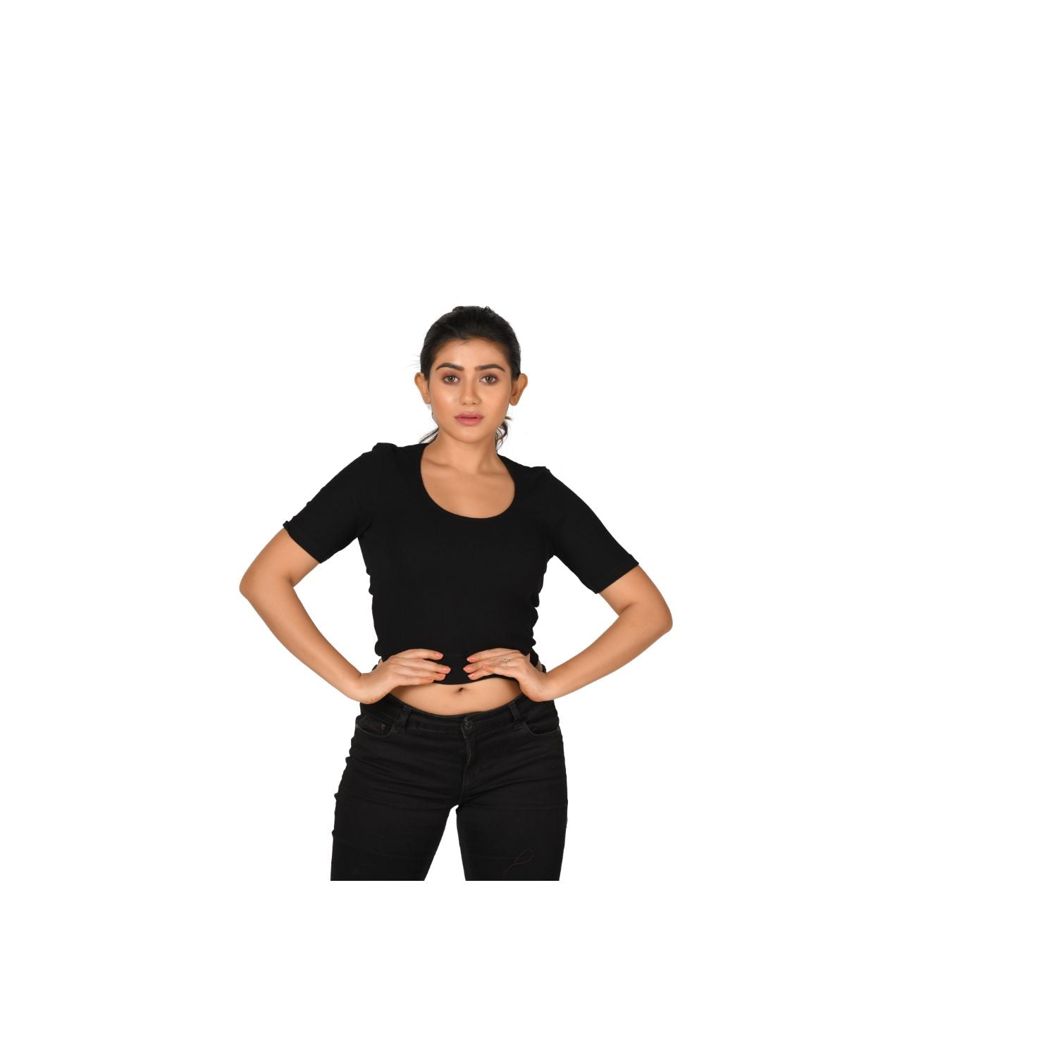 Hosiery Blouse- Regular Deep Round Neck - Black - Blouse featured