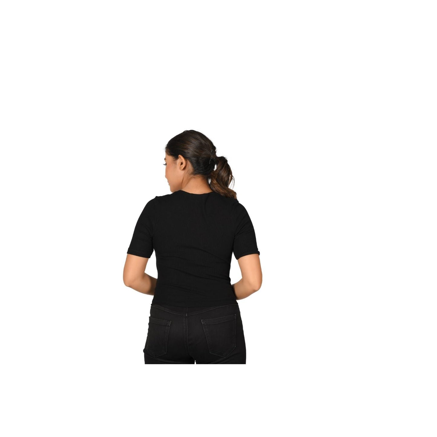 Hosiery Blouse- Regular Deep Round Neck - Black - Blouse featured