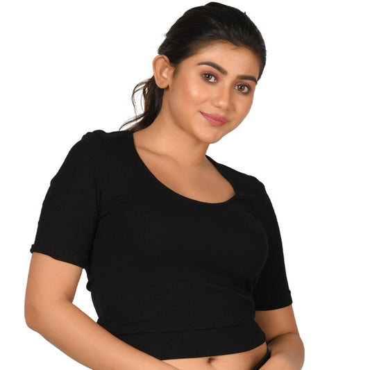 Hosiery Blouse- Regular Deep Round Neck - Black - Blouse featured