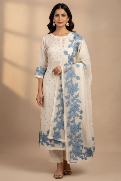 Blossom Mal Chanderi Kurti Material Blue featured