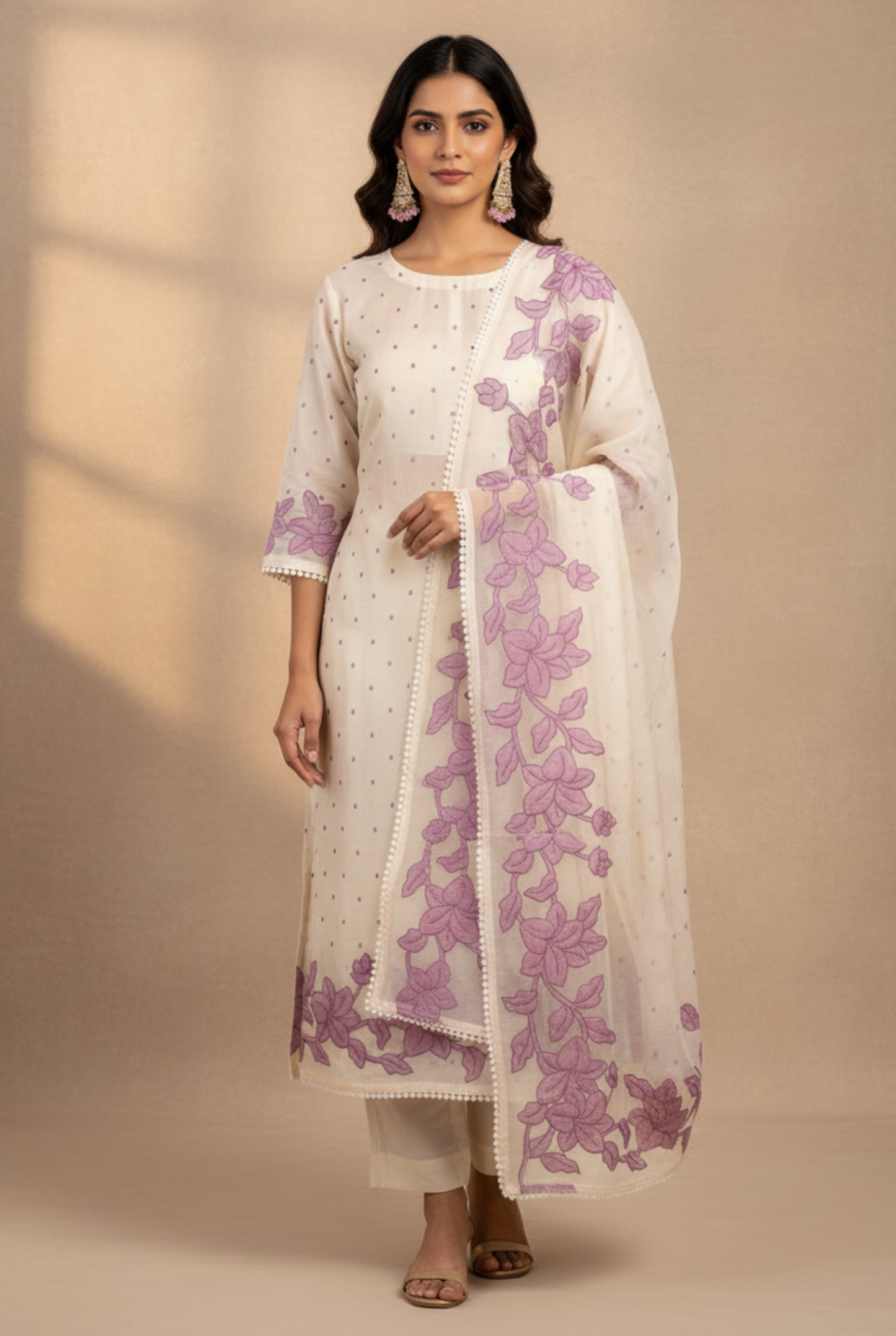 Blossom Mal Chanderi Kurti Material Lavender featured