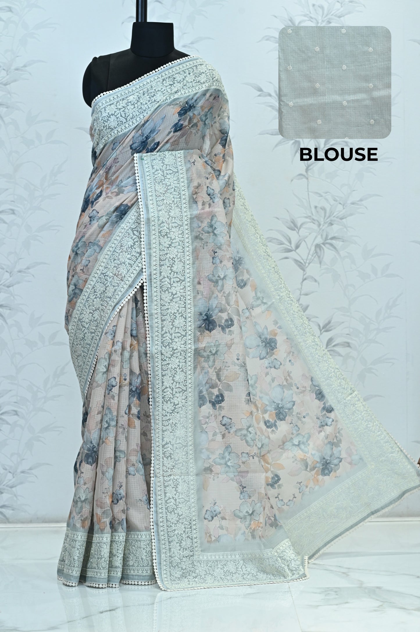 Nayara Kota Doriya Garden Saree Light Blue Grey Saree featured