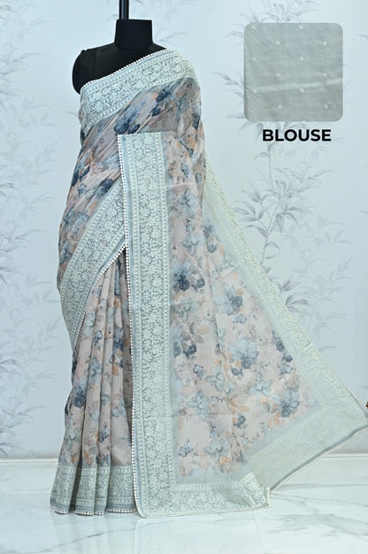 Nayara Kota Doriya Garden Saree Light Blue Grey Saree featured