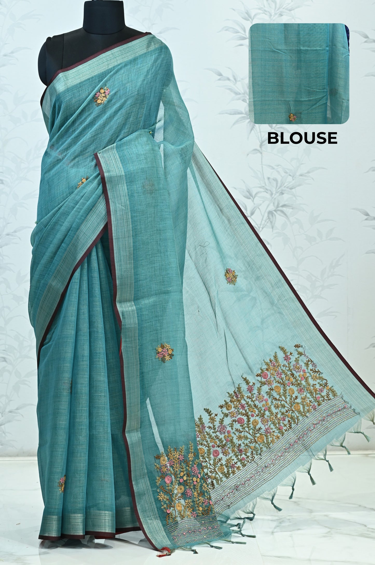 Saanvi Bloom Linen Tissue Saree blue Saree featured