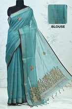 Load image into Gallery viewer, Saanvi Bloom Linen Tissue Saree blue Saree featured