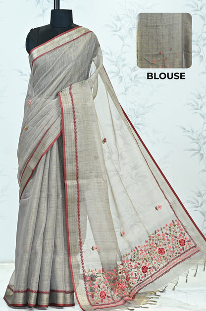 Triveni Linen Tissue saree Antique Gold Grey Saree featured