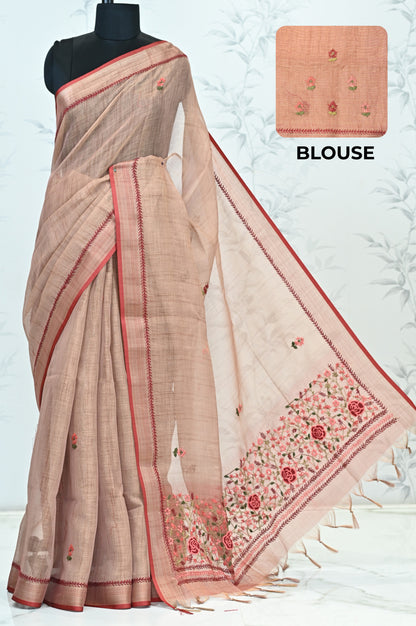 Triveni Linen Tissue saree Terracotta Saree featured