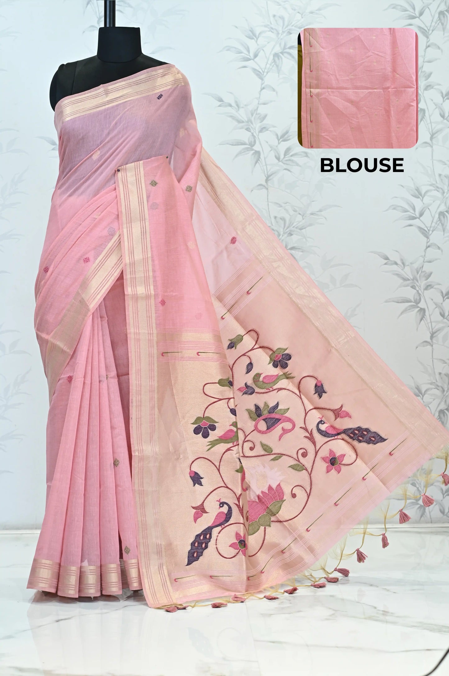 Iraja Mercerized Cotton Garden Saree Pink featured