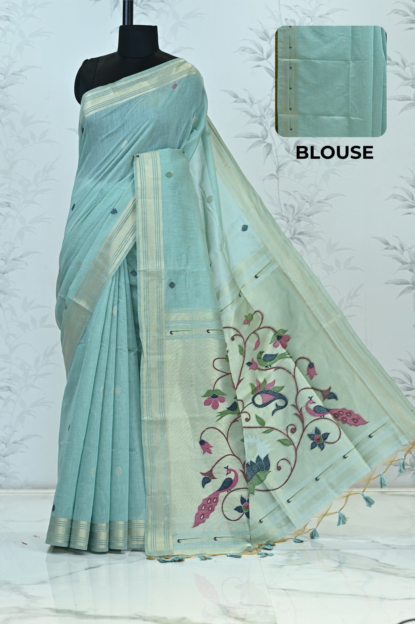 Iraja Mercerized Cotton Garden Saree Mint featured