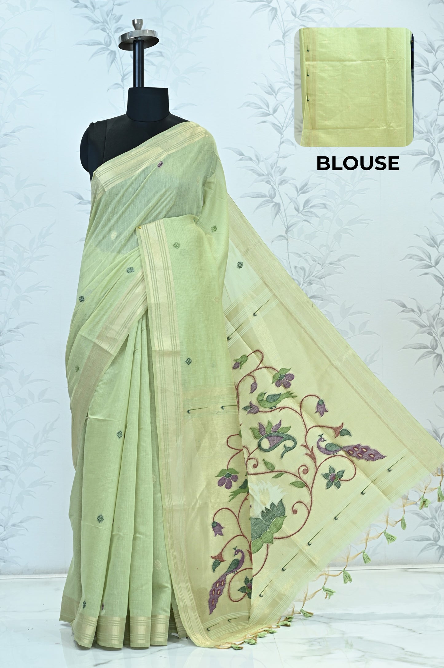 Iraja Mercerized Cotton Garden Saree Green featured