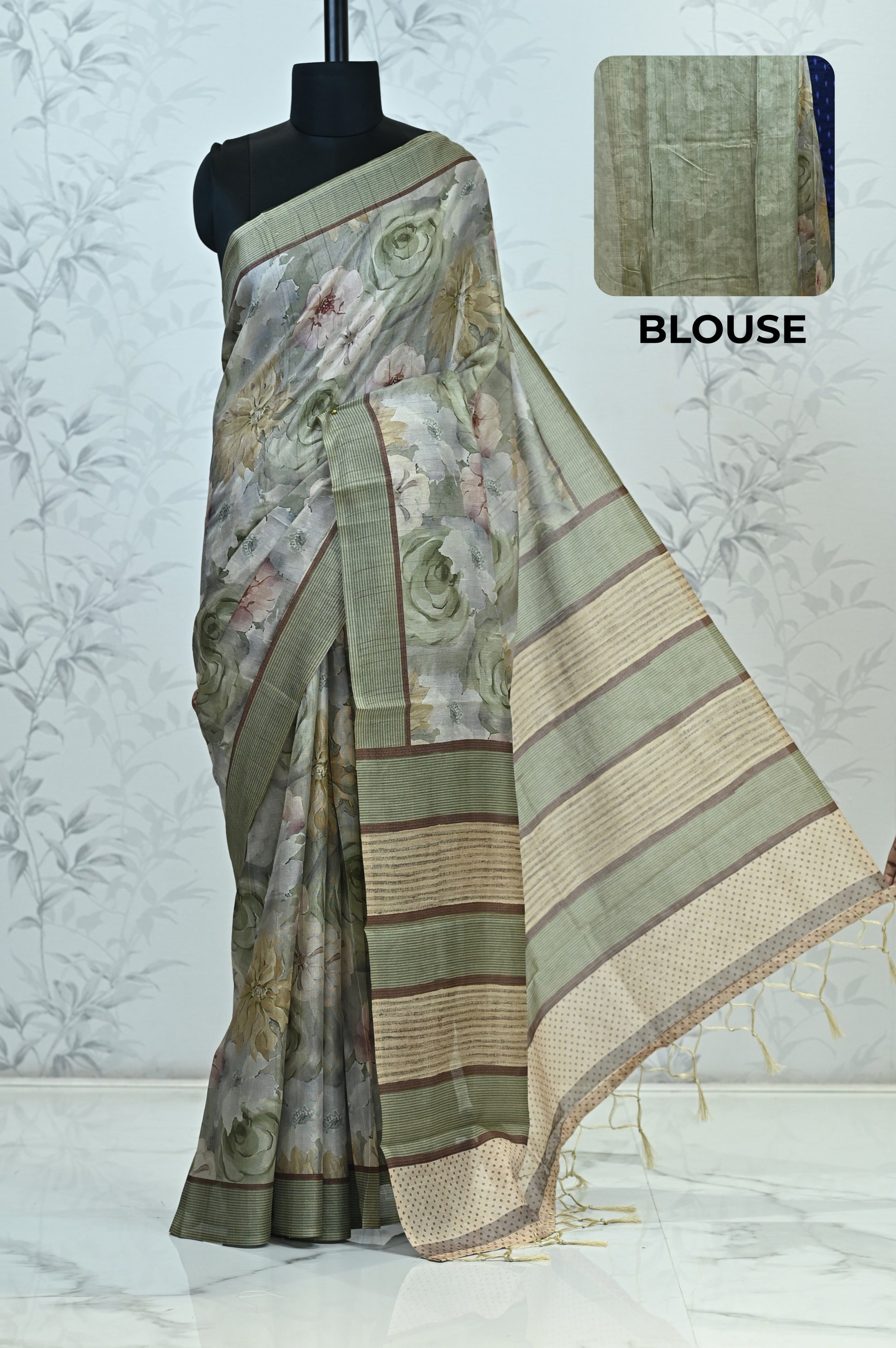 Rohini Bloom Semi Tussar Saree Green featured