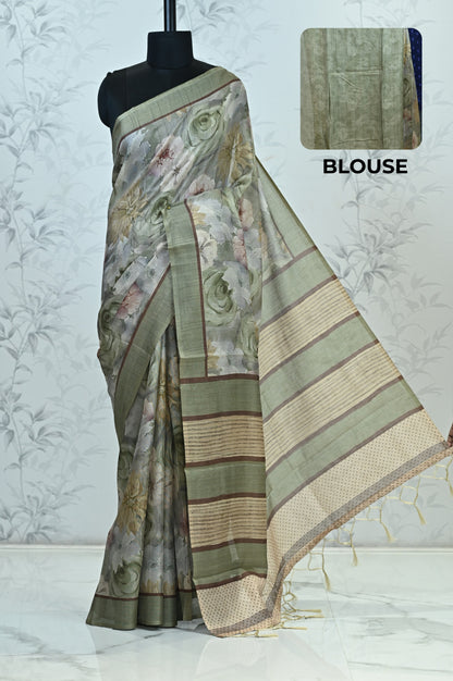 Rohini Bloom Semi Tussar Saree Green featured