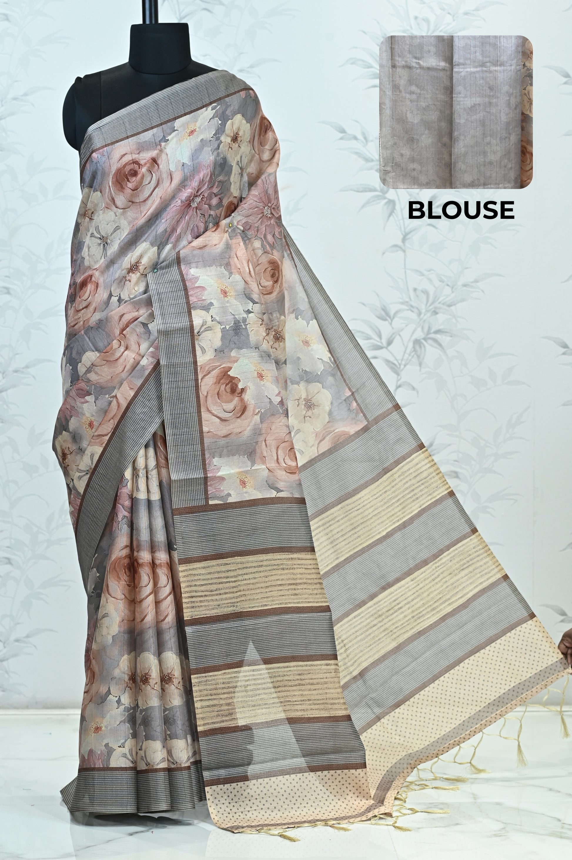 Rohini Bloom Semi Tussar Saree Grey featured