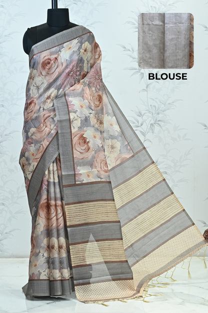 Rohini Bloom Semi Tussar Saree Grey featured
