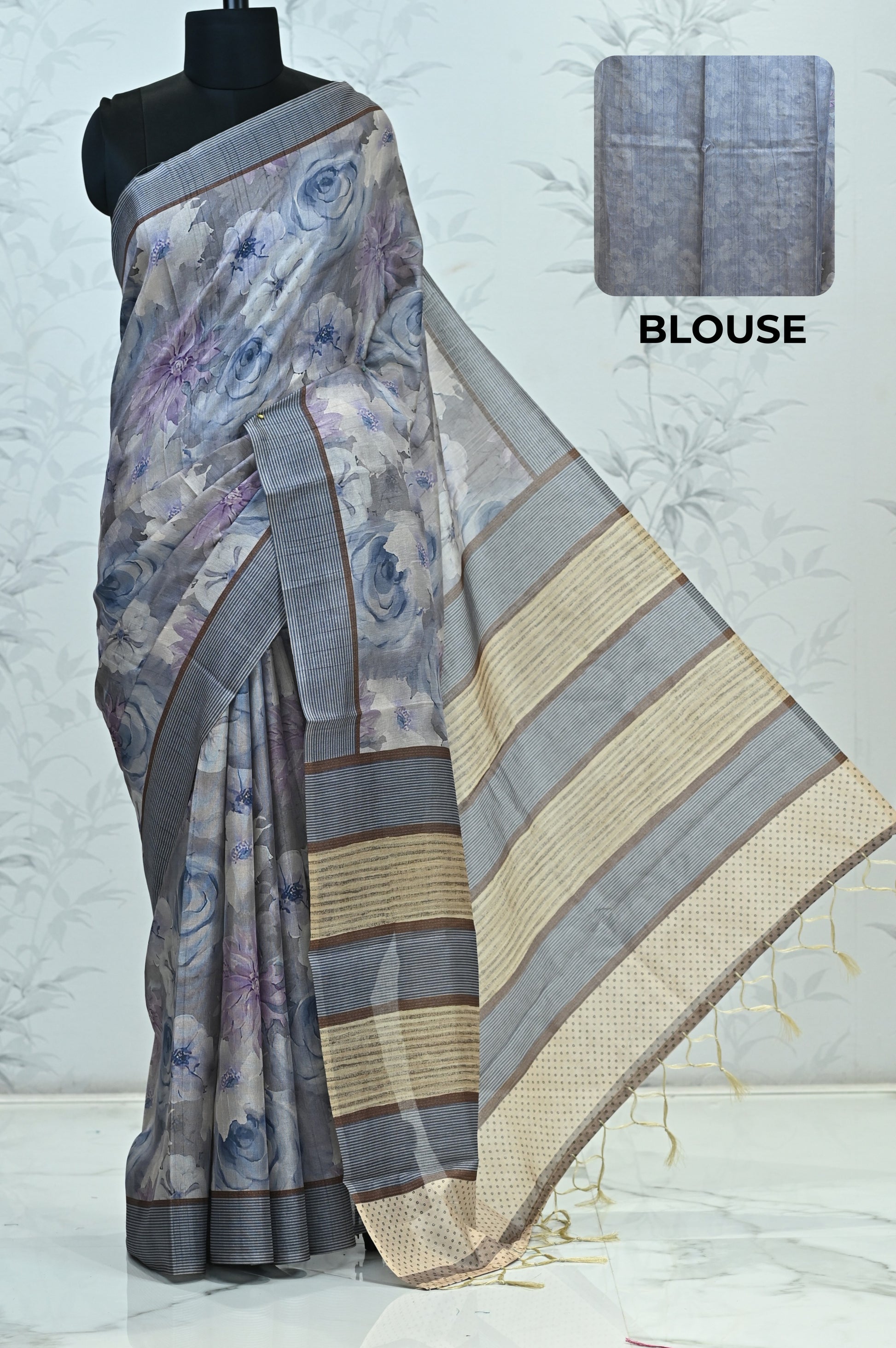Rohini Bloom Semi Tussar Saree Blue featured