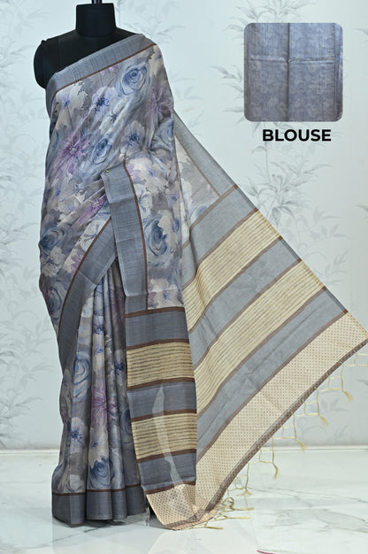 Rohini Bloom Semi Tussar Saree Blue featured