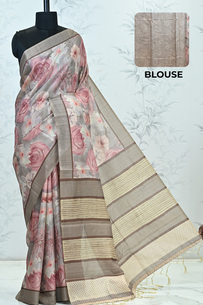 Rohini Bloom Semi Tussar Saree Brown featured