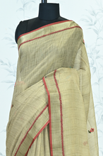Load image into Gallery viewer, Triveni Linen Tissue saree Antique Gold Grey Saree featured