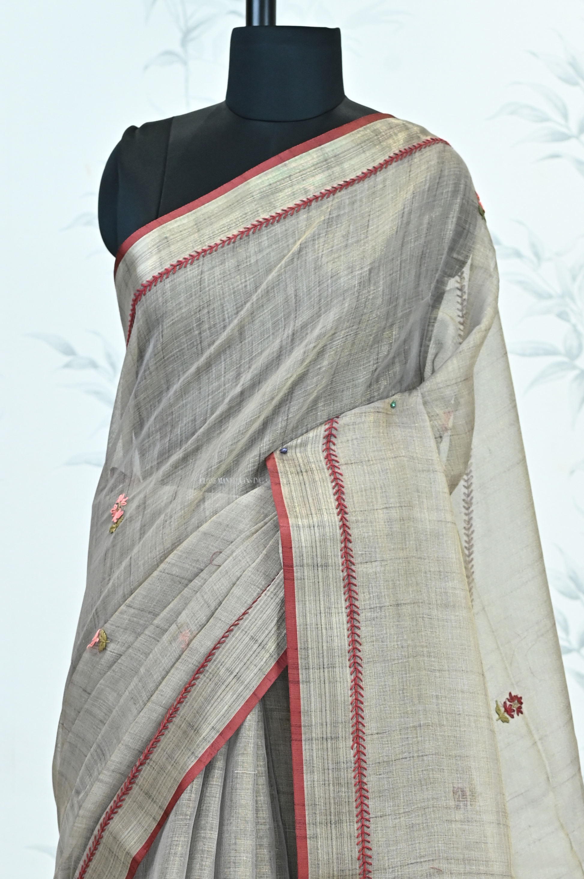 Triveni Linen Tissue saree Antique Gold Grey Saree featured