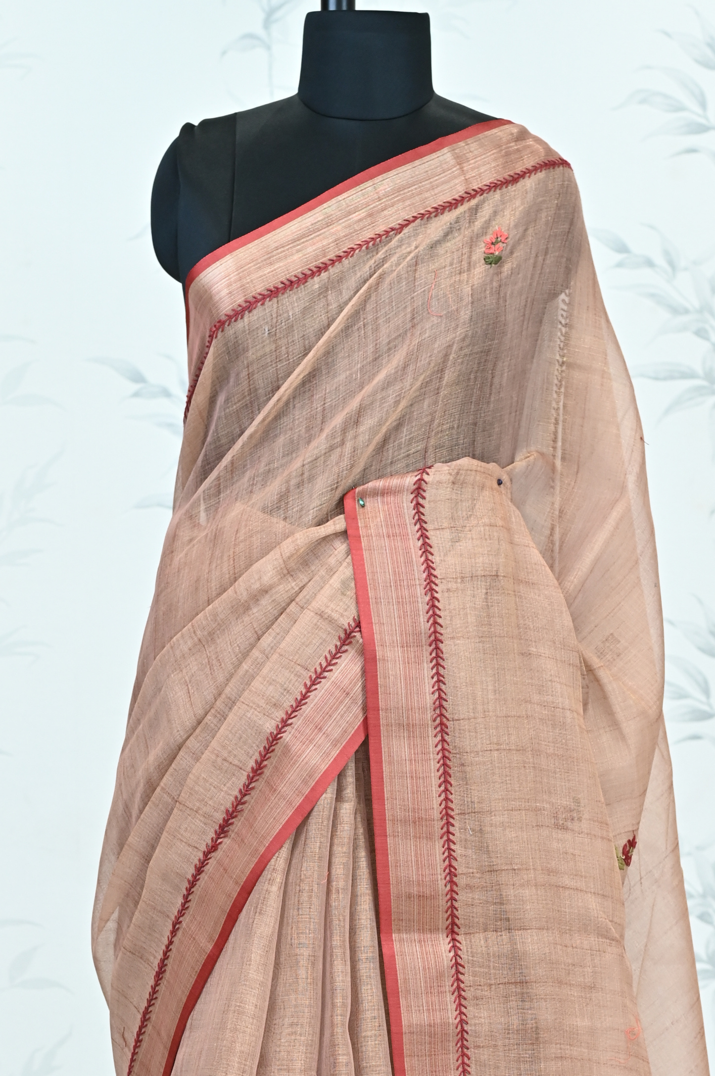 Triveni Linen Tissue saree Terracotta Saree featured