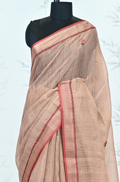 Triveni Linen Tissue saree Terracotta Saree featured