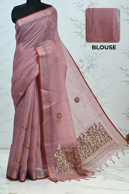 Saanvi Bloom Linen Tissue Saree Pink Saree featured