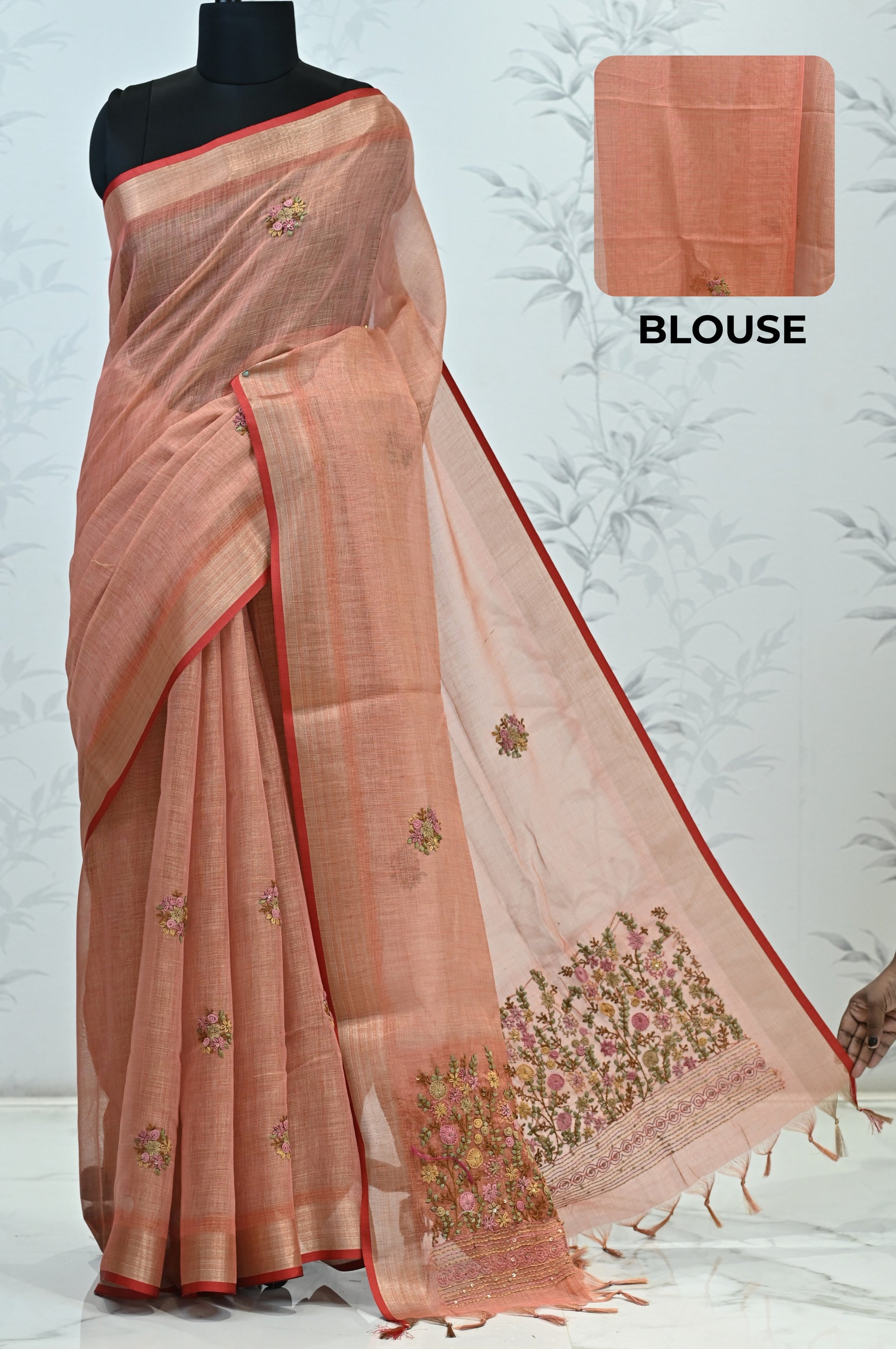 Saanvi Bloom Linen Tissue Saree Orange Saree featured