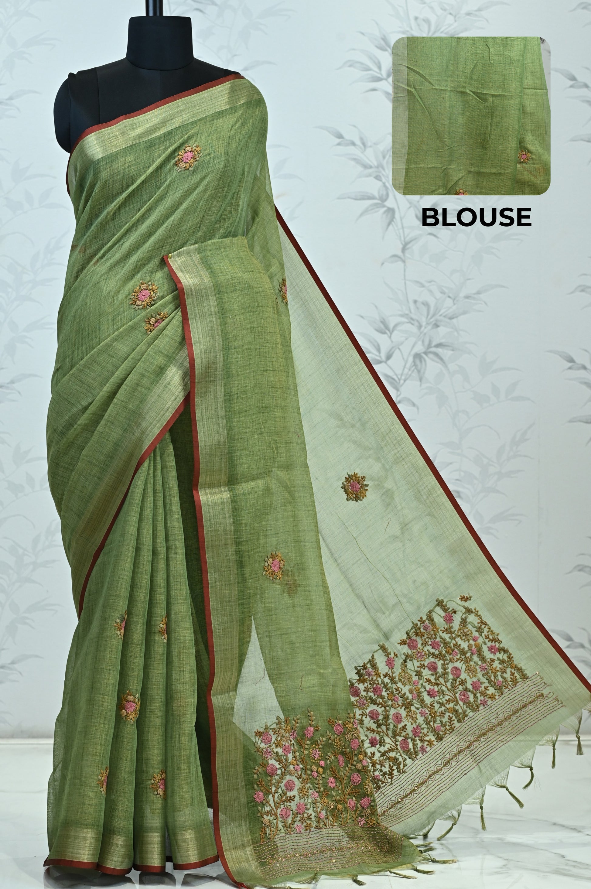 Saanvi Bloom Linen Tissue Saree green Saree featured