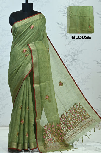 Saanvi Bloom Linen Tissue Saree green Saree featured