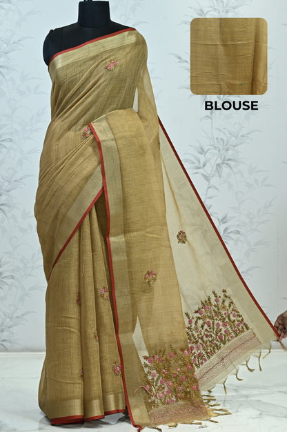 Saanvi Bloom Linen Tissue Saree Golden Saree featured