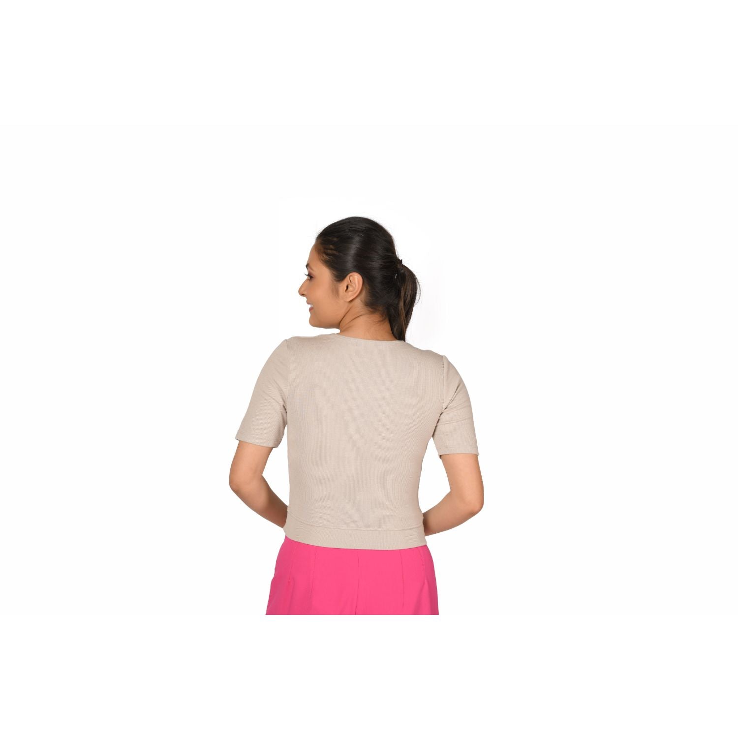 Hosiery Blouse- Regular Deep Round Neck - Calm Ivory - Blouse featured