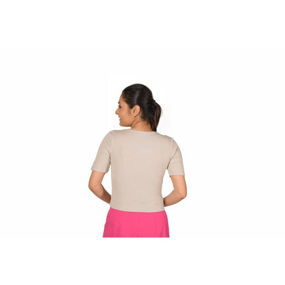 Hosiery Blouse- Regular Deep Round Neck - Calm Ivory - Blouse featured